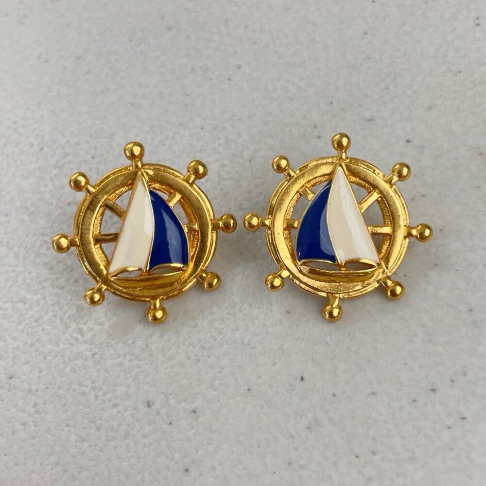 Vintage Sailboat Earrings Sailing Helm Boat Pierced Enamel Face White Blue Gold